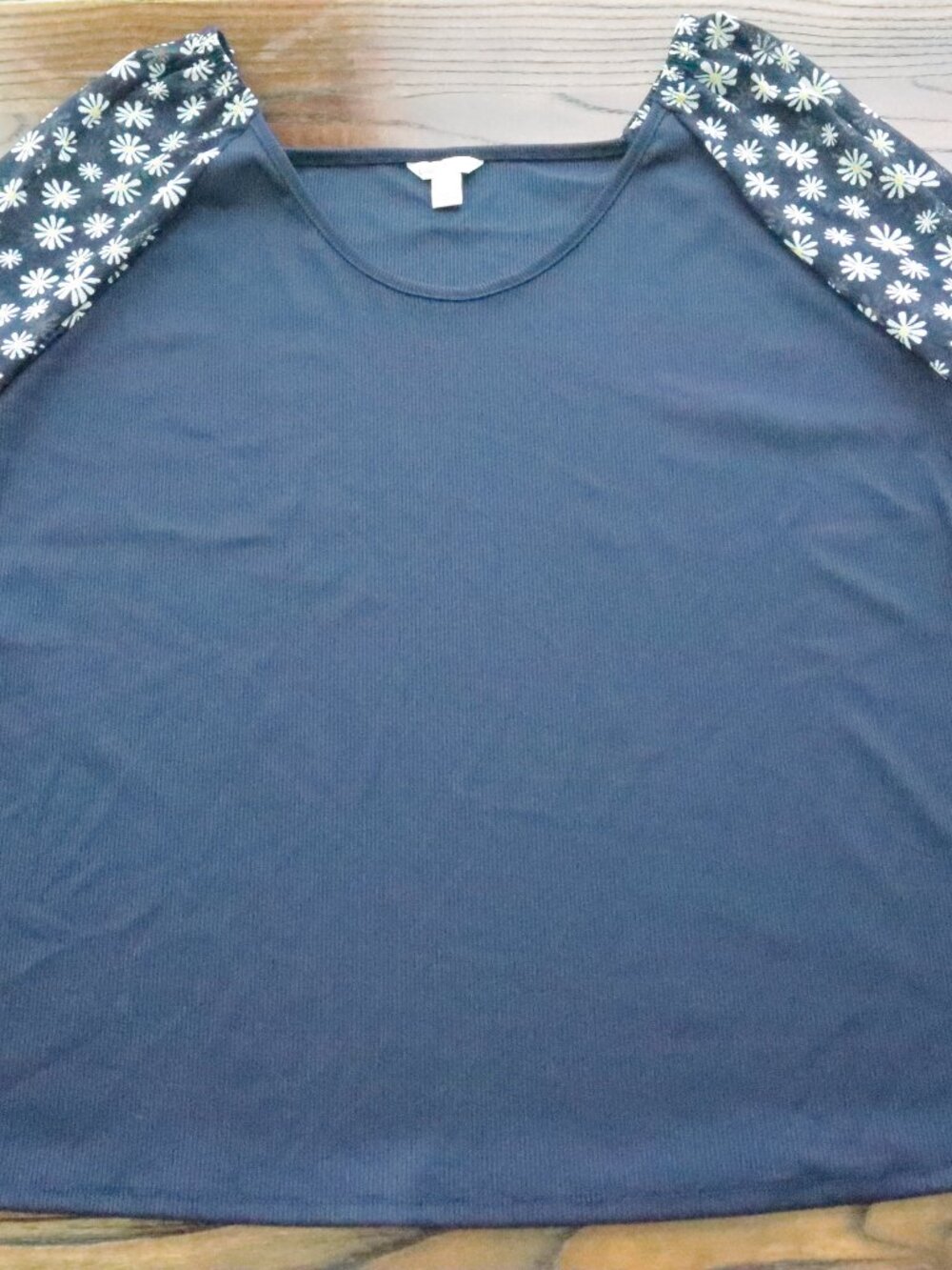 Cato Ribbed Blouse with Sheer Daisy Print Sleeves